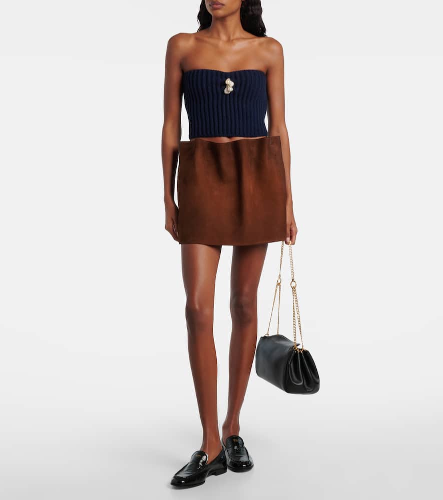Prada Pearl-embellished Knit Wool-cashmere Bustier Top In Blue