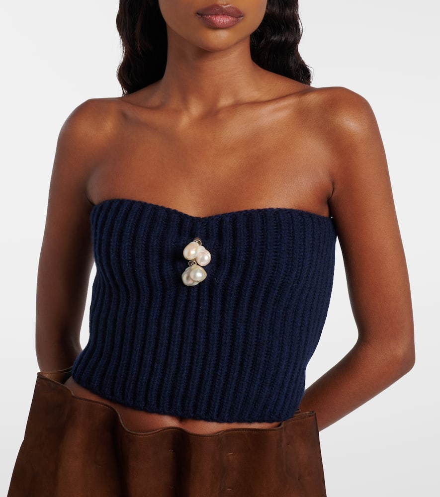 Prada Pearl-embellished Knit Wool-cashmere Bustier Top In Blue