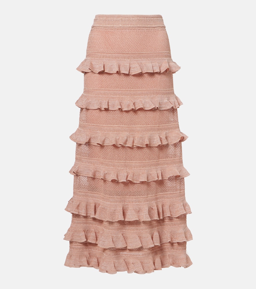 Zimmermann Rebellion Ruffled Lamé Midi Skirt In Pink