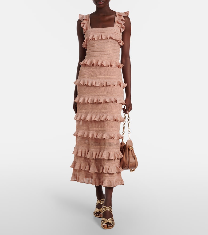 Zimmermann Rebellion Ruffled Lamé Midi Skirt In Pink