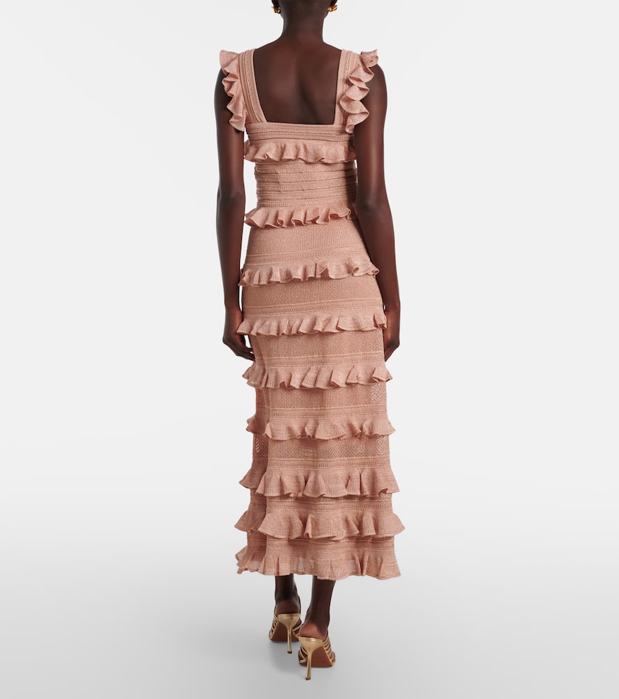 Zimmermann Rebellion Ruffled Lamé Midi Skirt In Pink