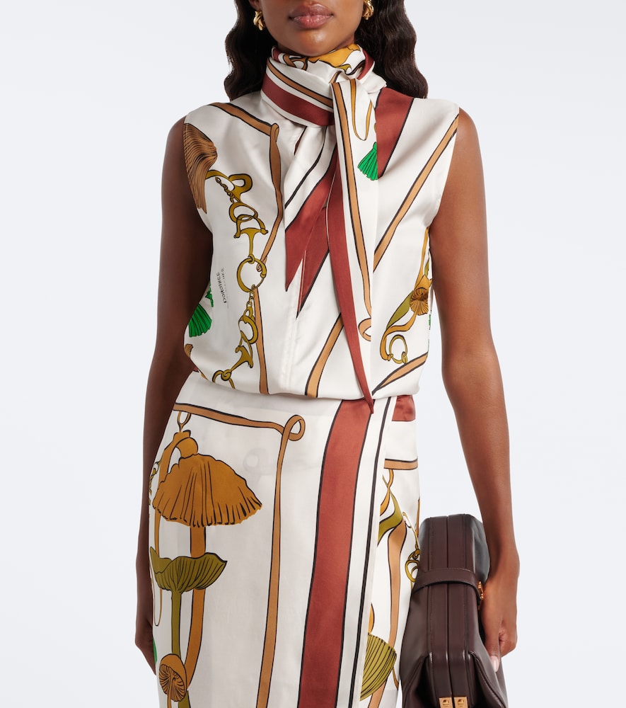 Cosmic Funghi Printed Tie-Neck Silk Twill Top