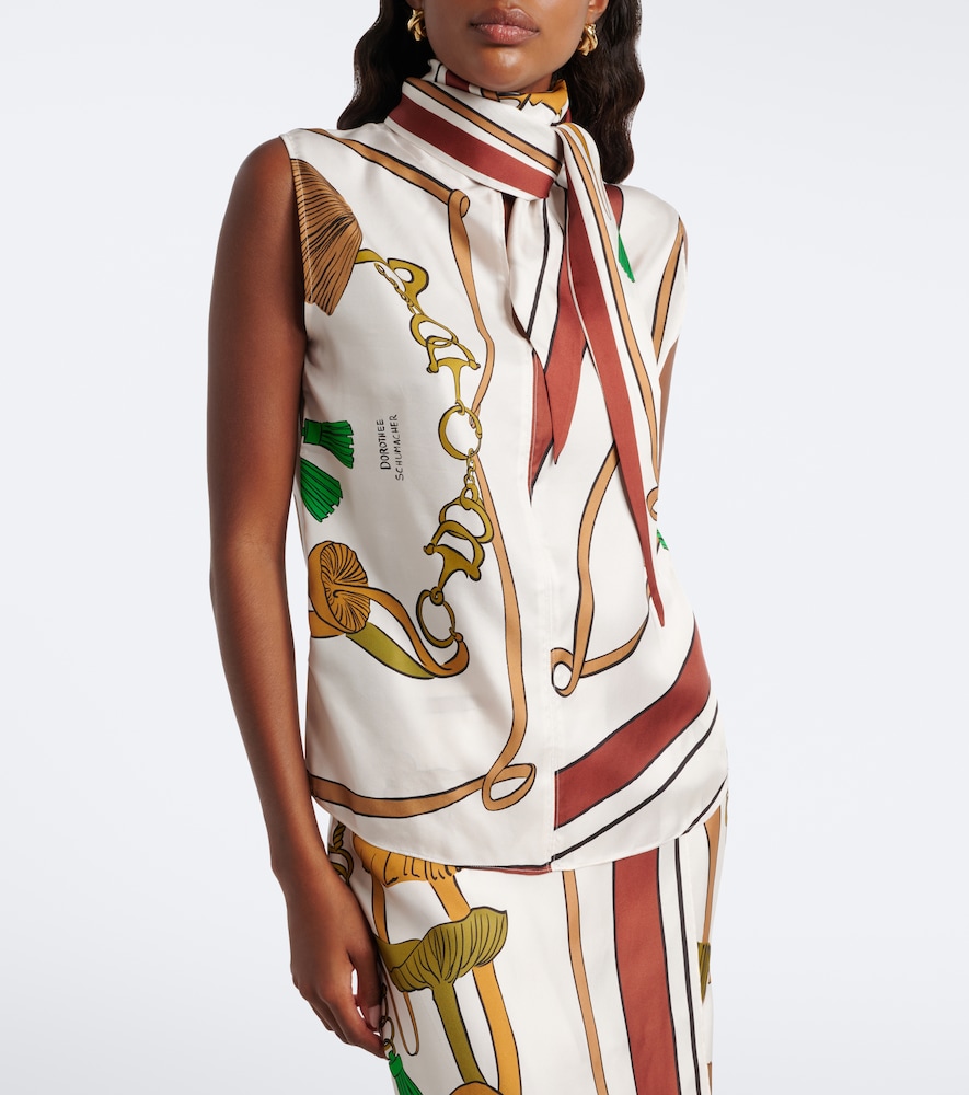 Cosmic Funghi Printed Tie-Neck Silk Twill Top