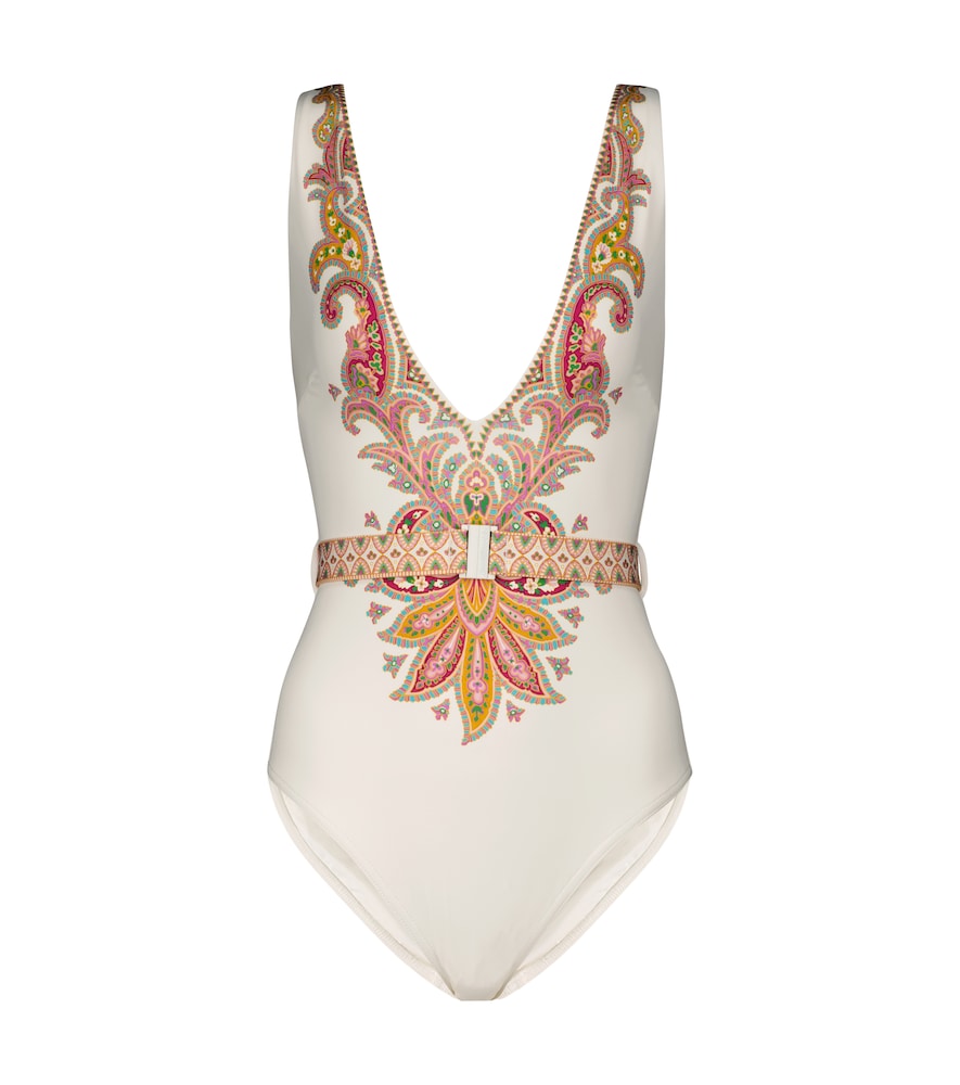 Zimmermann Teddy Belted Paisley One Piece Swimsuit In White Modesens