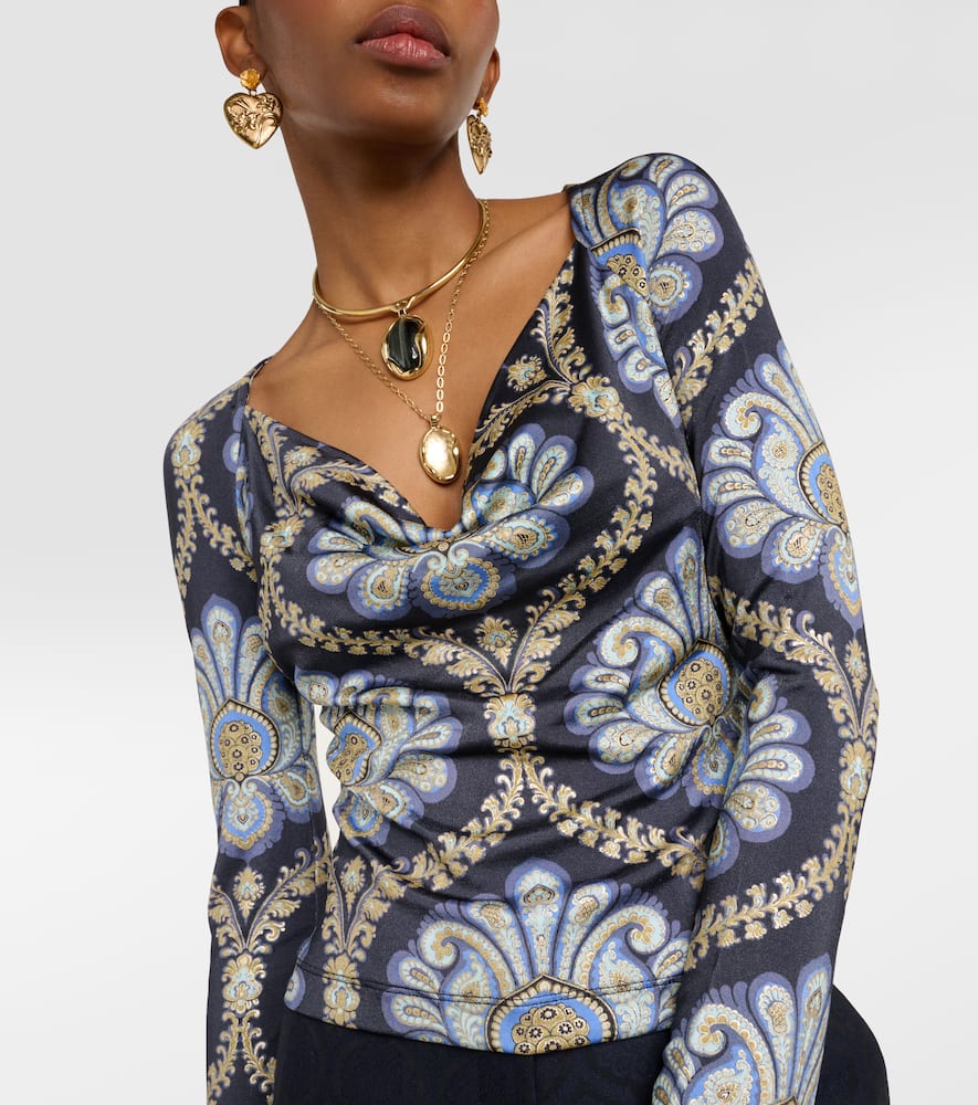 Etro Printed Jersey Open-neck Knit Top In Blue