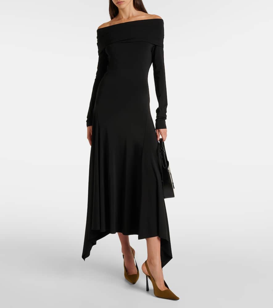 Max Mara Jersey Dress With Asymmetrical Hem And Off-shoulder Neckline In Black