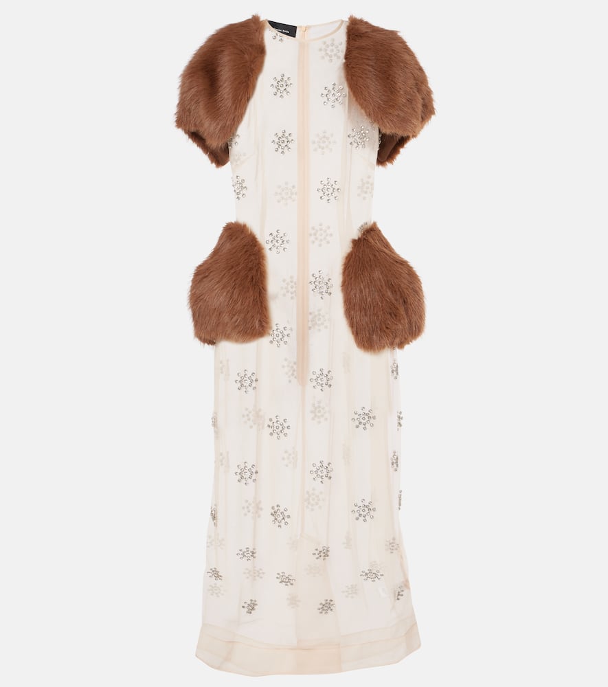 Simone Rocha Faux fur-trimmed embellished sheer midi dress