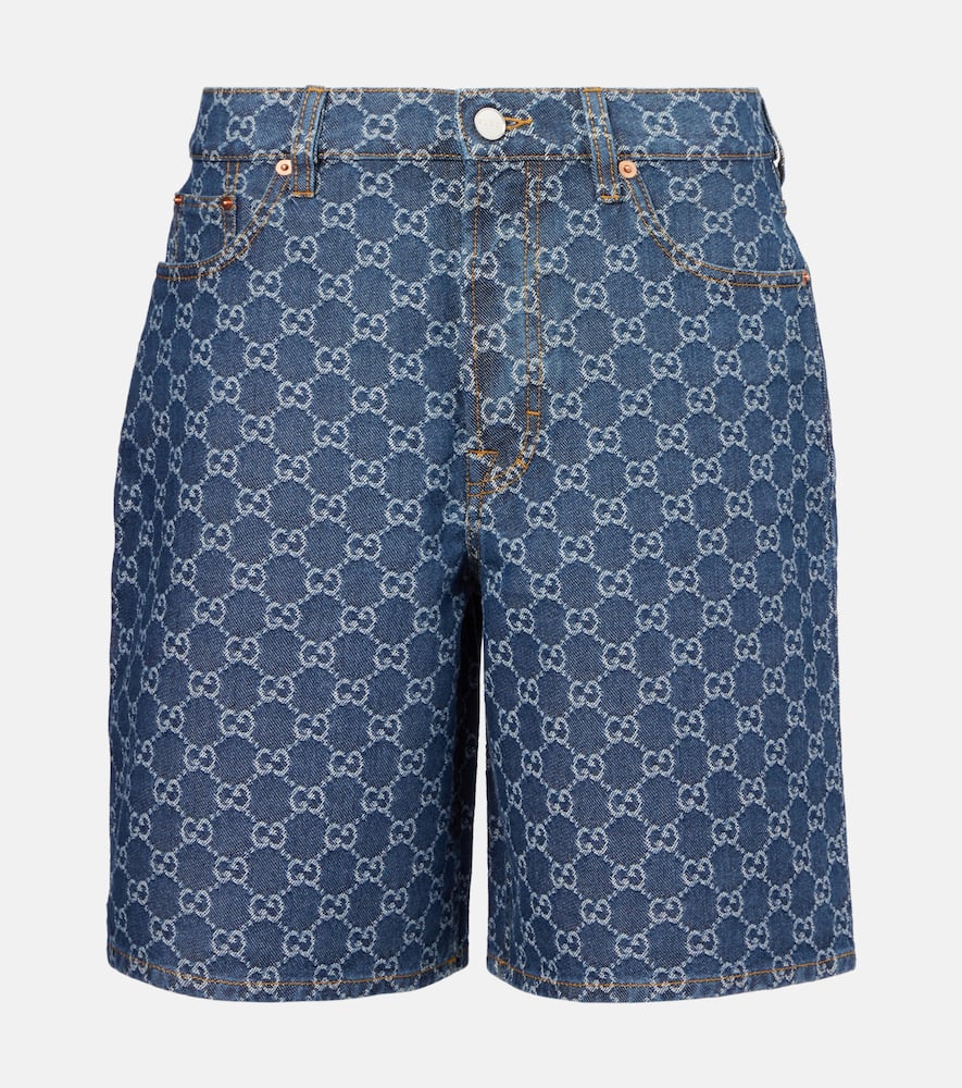 Leather-trimmed denim Bermuda shorts