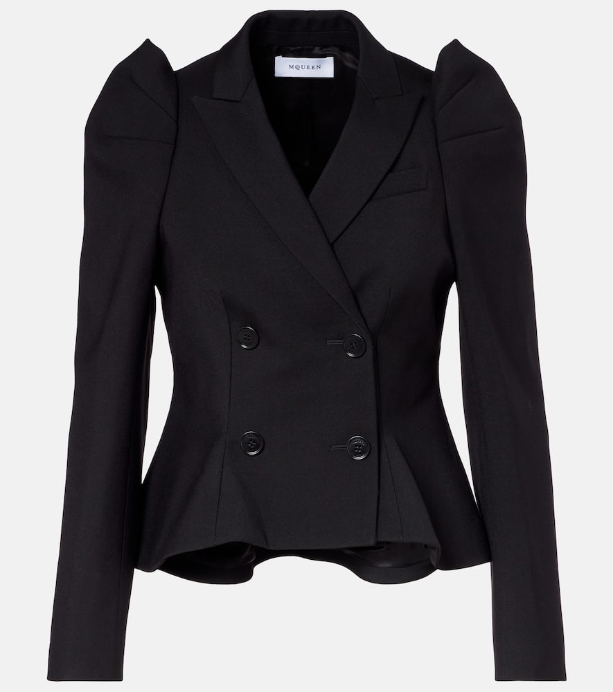 Alexander Mcqueen Mcqueen Pleated Puff Shoulder Stretch Wool Crop Jacket In Black