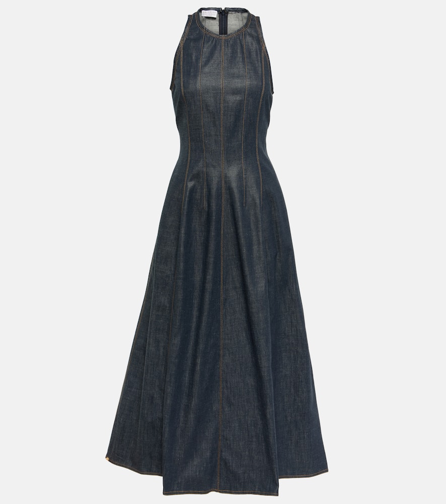 Brunello Cucinelli Glossy Denim Structured Midi Dress With Contrast Stitching In Blue
