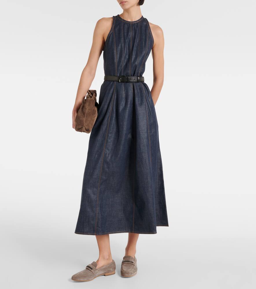 Brunello Cucinelli Glossy Denim Structured Midi Dress With Contrast Stitching In Blue