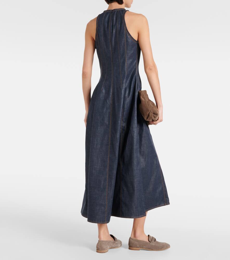 Brunello Cucinelli Glossy Denim Structured Midi Dress With Contrast Stitching In Blue
