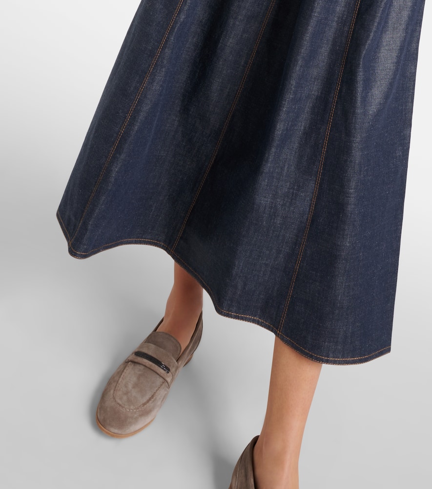 Brunello Cucinelli Glossy Denim Structured Midi Dress With Contrast Stitching In Blue