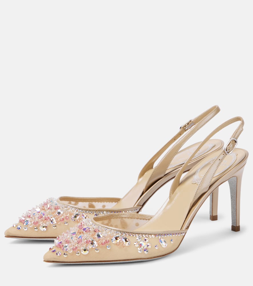 René Caovilla Crystal Lace Slingback Pumps In Beige/pink Stones