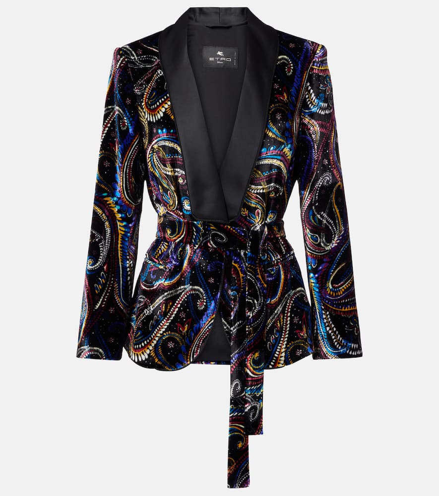 Etro Belted Velvet Jacquard Blazer In Black