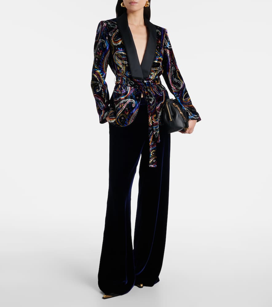 Etro Belted Velvet Jacquard Blazer In Black