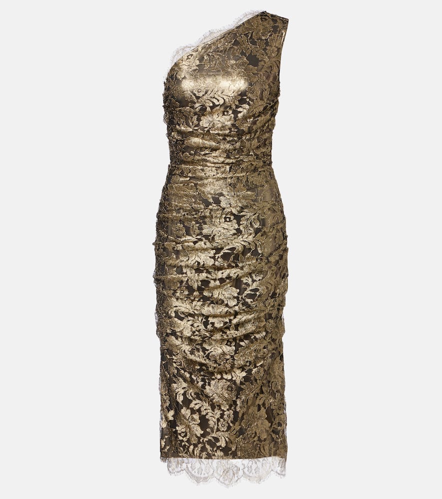 Dolce & Gabbana Floral One-shoulder Lace Midi Dress In Gold