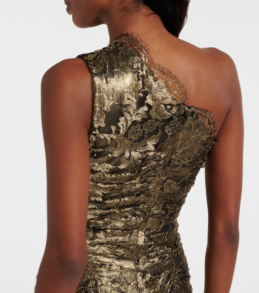 Dolce & Gabbana Floral One-shoulder Lace Midi Dress In Gold