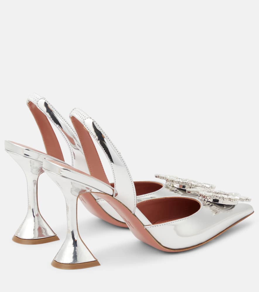 Amina Muaddi Rosie Sling 95 Dark Grey Mirror Patent Pumps In Silver