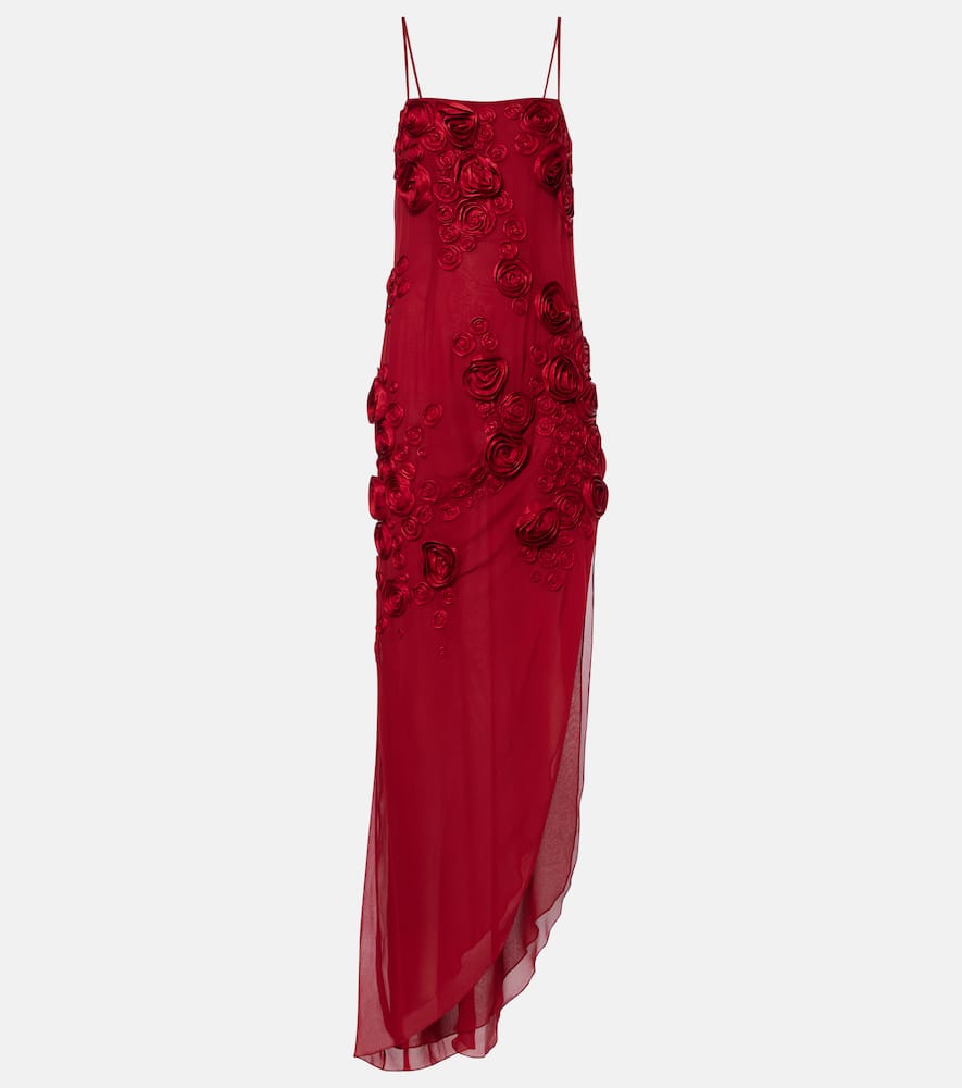 Floral-appliqué georgette gown