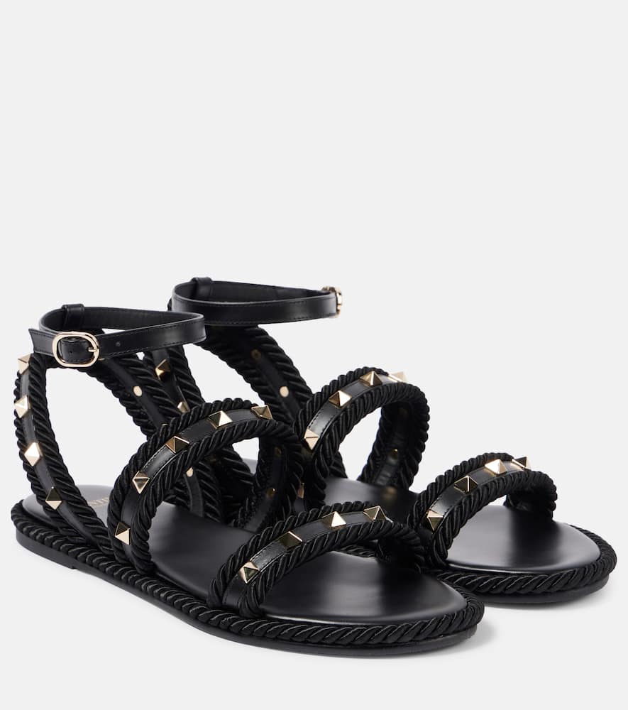 Valentino Torchon Rope-trimmed Studded Leather Sandals In Schwarz