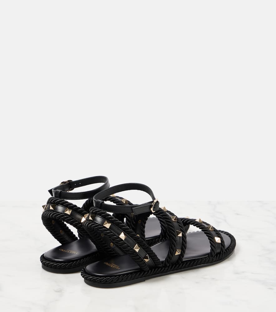 Valentino Torchon Rope-trimmed Studded Leather Sandals In Schwarz