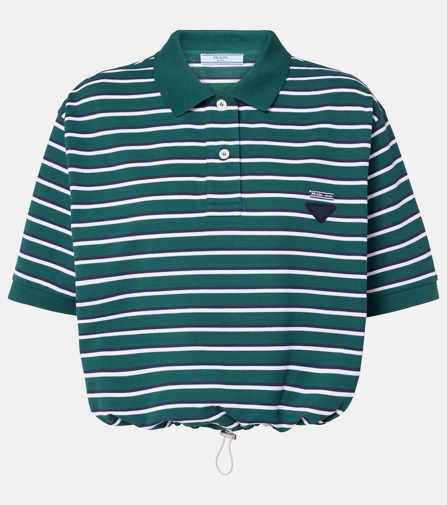 Prada Striped Cotton Pique Cropped Polo Shirt In Blue