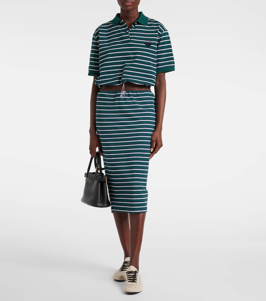 Prada Striped Cotton Pique Cropped Polo Shirt In Blue