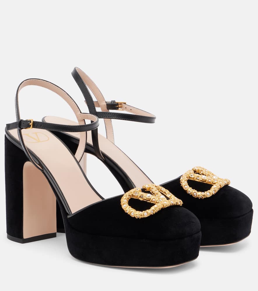 Valentino Vlogo 105 Embellished Leather-trimmed Velvet Platform Pumps In Black