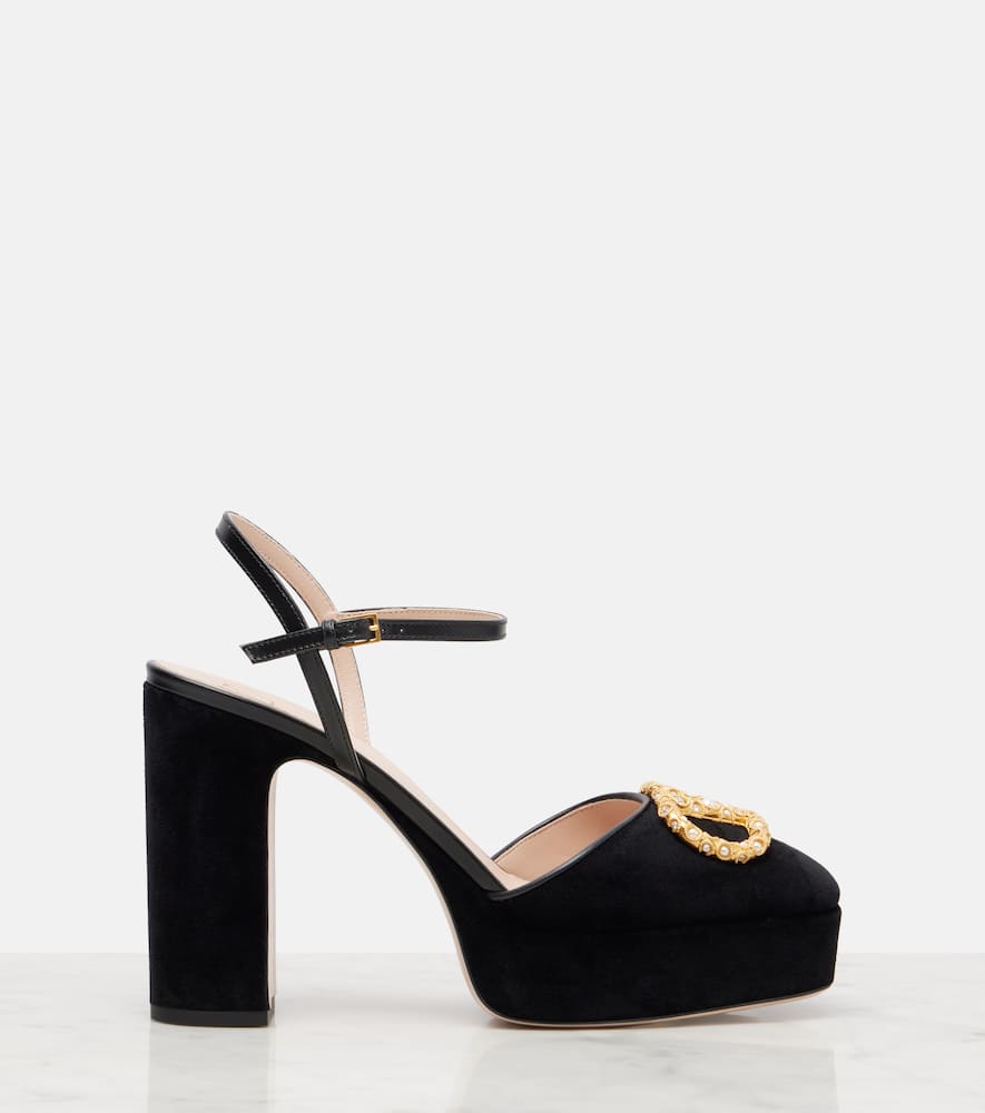 Valentino Vlogo 105 Embellished Leather-trimmed Velvet Platform Pumps In Black