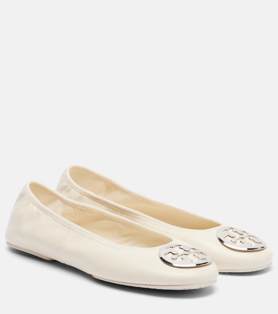 Tory Burch Reva Travel Leather Ballet Flats In White
