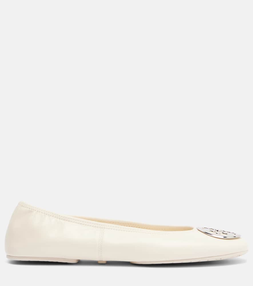 Tory Burch Reva Travel Leather Ballet Flats In White