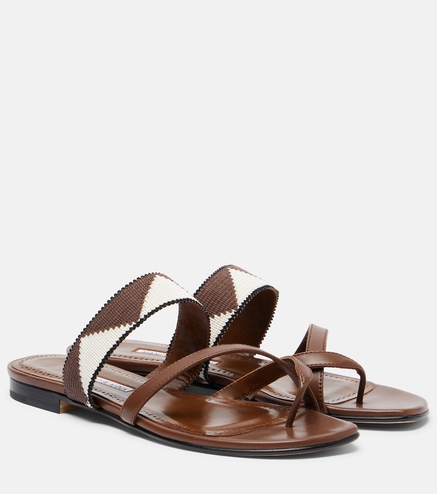 Manolo Blahnik Susastra Cotton-trimmed Leather Sandals In Brown