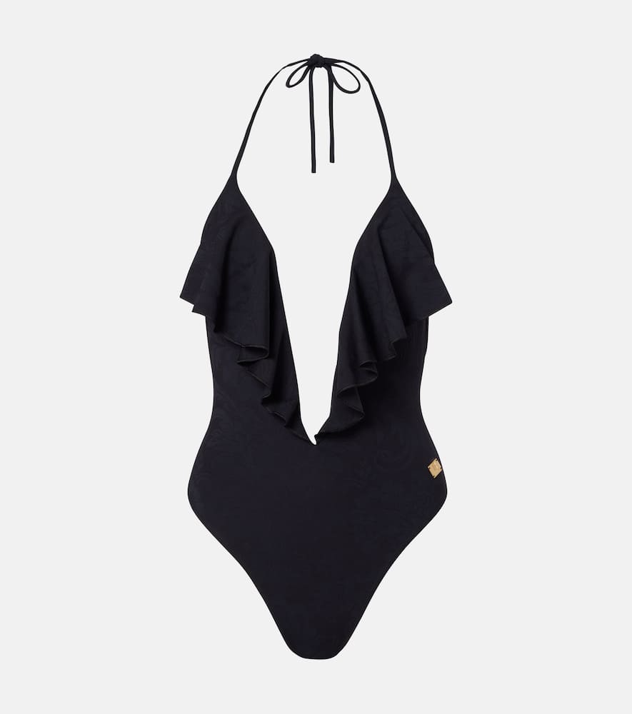 Balmain Ruffled Halterneck Swimsuit In Black