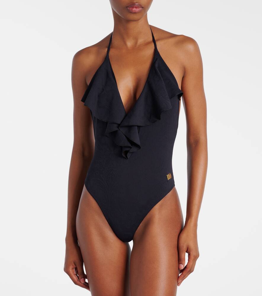 Balmain Ruffled Halterneck Swimsuit In Black