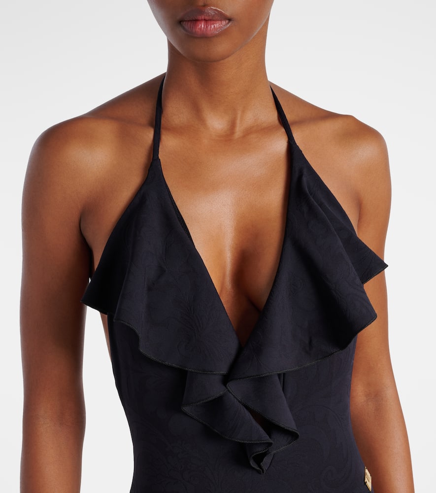 Balmain Ruffled Halterneck Swimsuit In Black