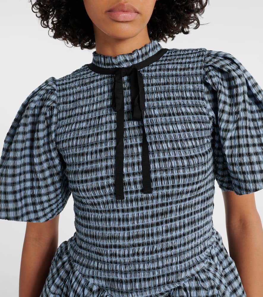 Ganni Blue Seersucker Check Mini Smock Dress | ModeSens