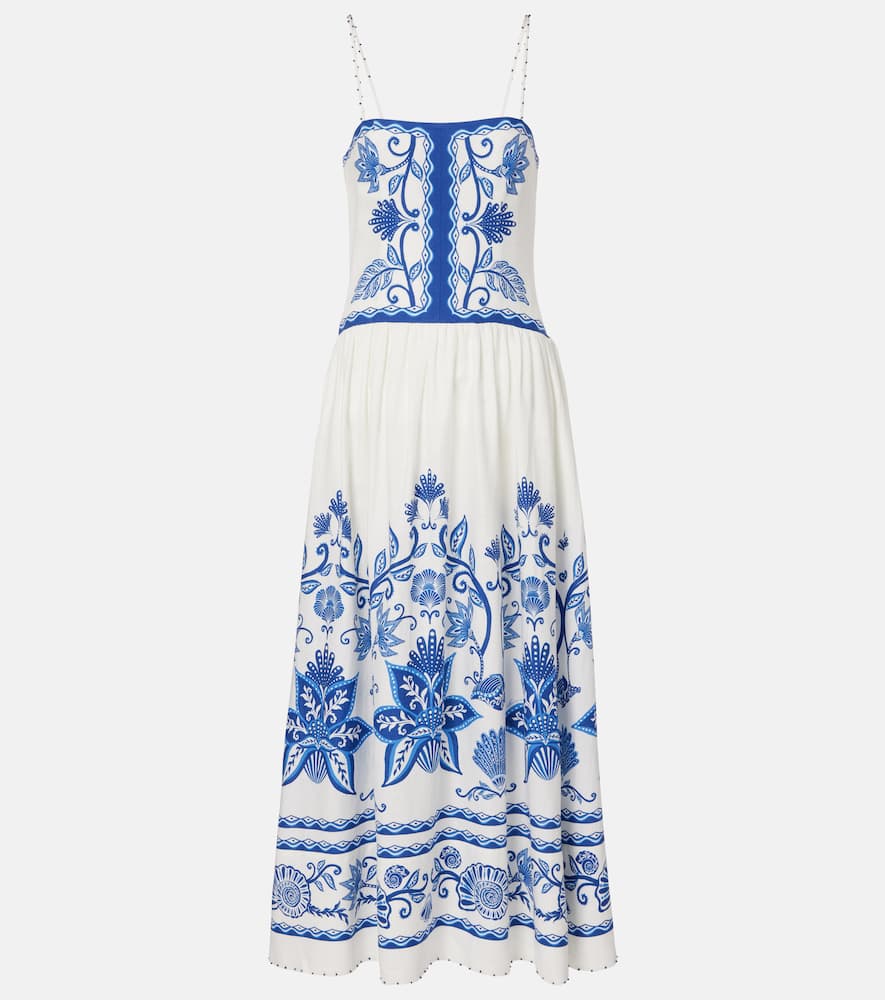 Farm Rio Printed Linen-blend Maxi Dress In Blue