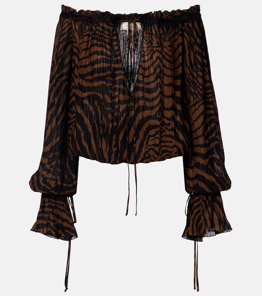 Blumarine Lace-trimmed zebra-print chiffon top