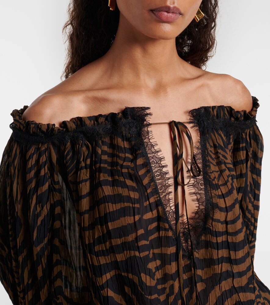 Lace-Trimmed Zebra-Print Chiffon Top