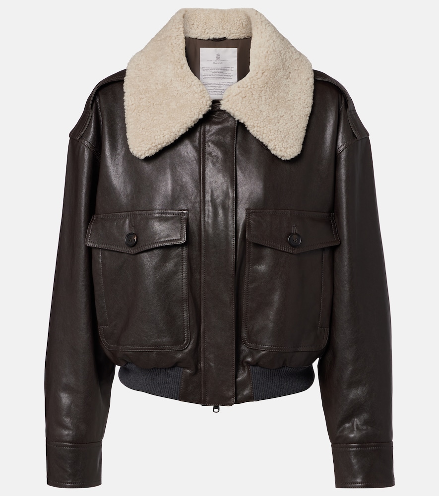 Brunello Cucinelli Women's Brown Shearling-Trimmed Leather Bomber Jacket UK Size 12 - Mytheresa
