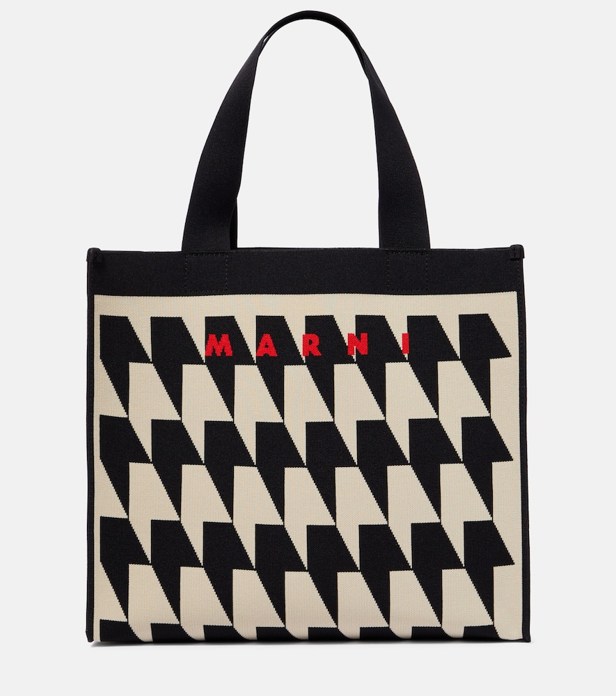【MARNI】JACQUARD MEDIUM TOTE BAG Marni Logo Medium Jacquard Canvas Tote Bag In Silk White