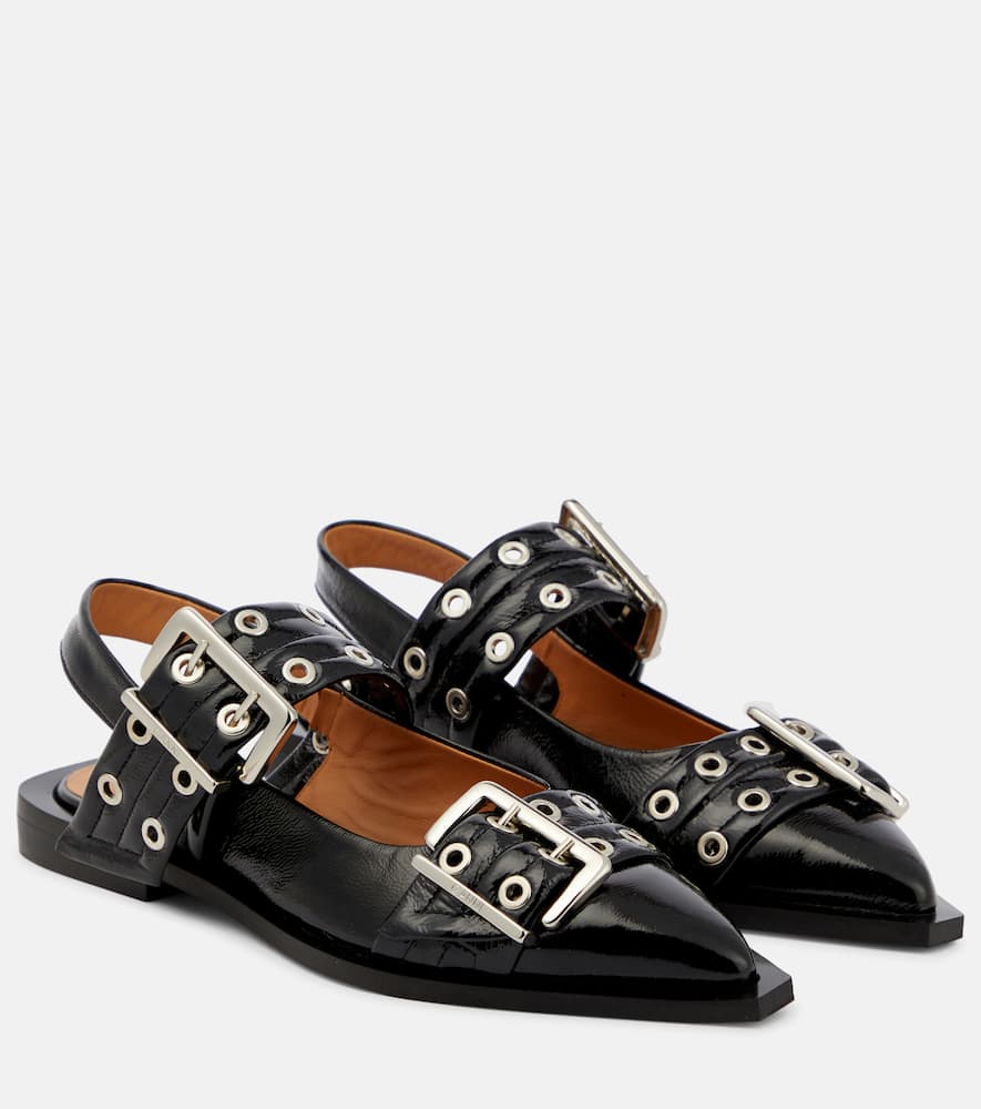 Shop Ganni Leather Slingback Flats In Black