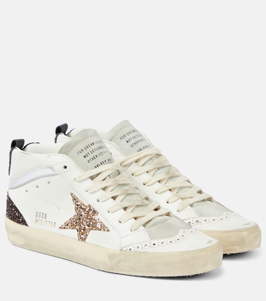 Golden Goose Mid Star In Leather And Suede With Glitter Star In White/ice/gold/brown