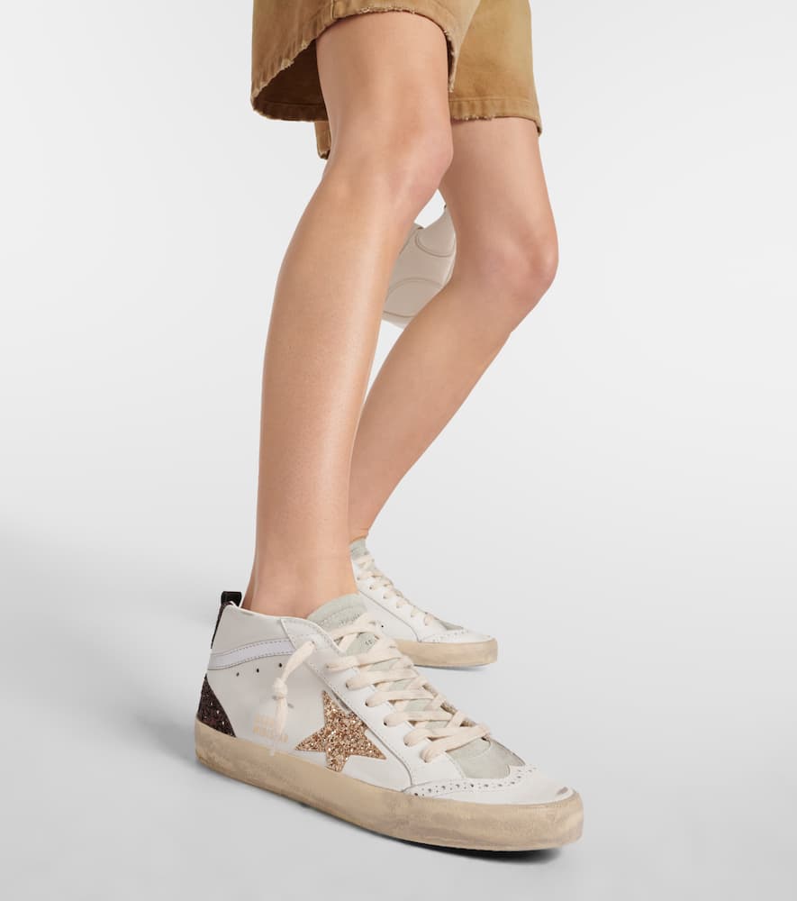Golden Goose Mid Star In Leather And Suede With Glitter Star In White/ice/gold/brown