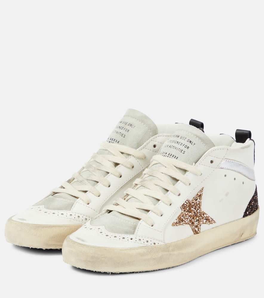 Golden Goose Mid Star In Leather And Suede With Glitter Star In White/ice/gold/brown