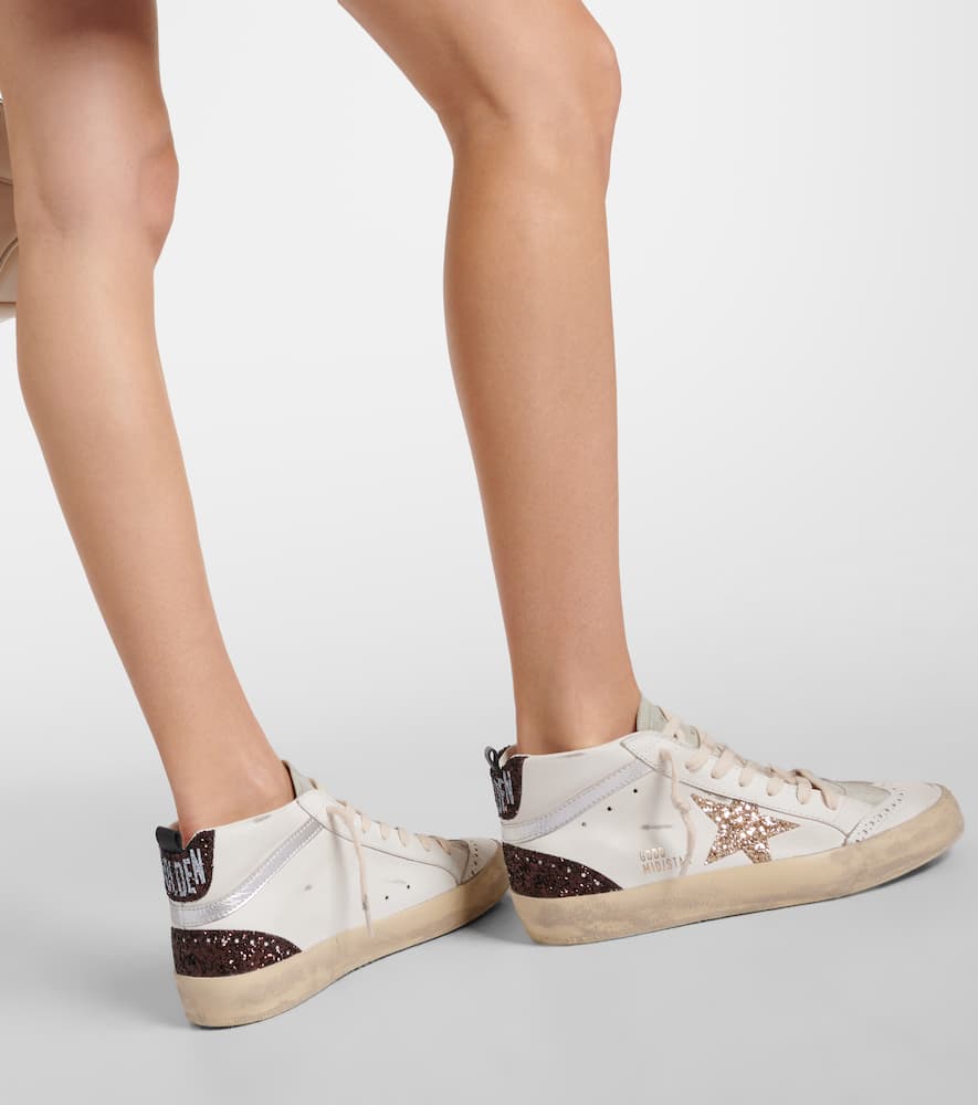 Golden Goose Mid Star In Leather And Suede With Glitter Star In White/ice/gold/brown