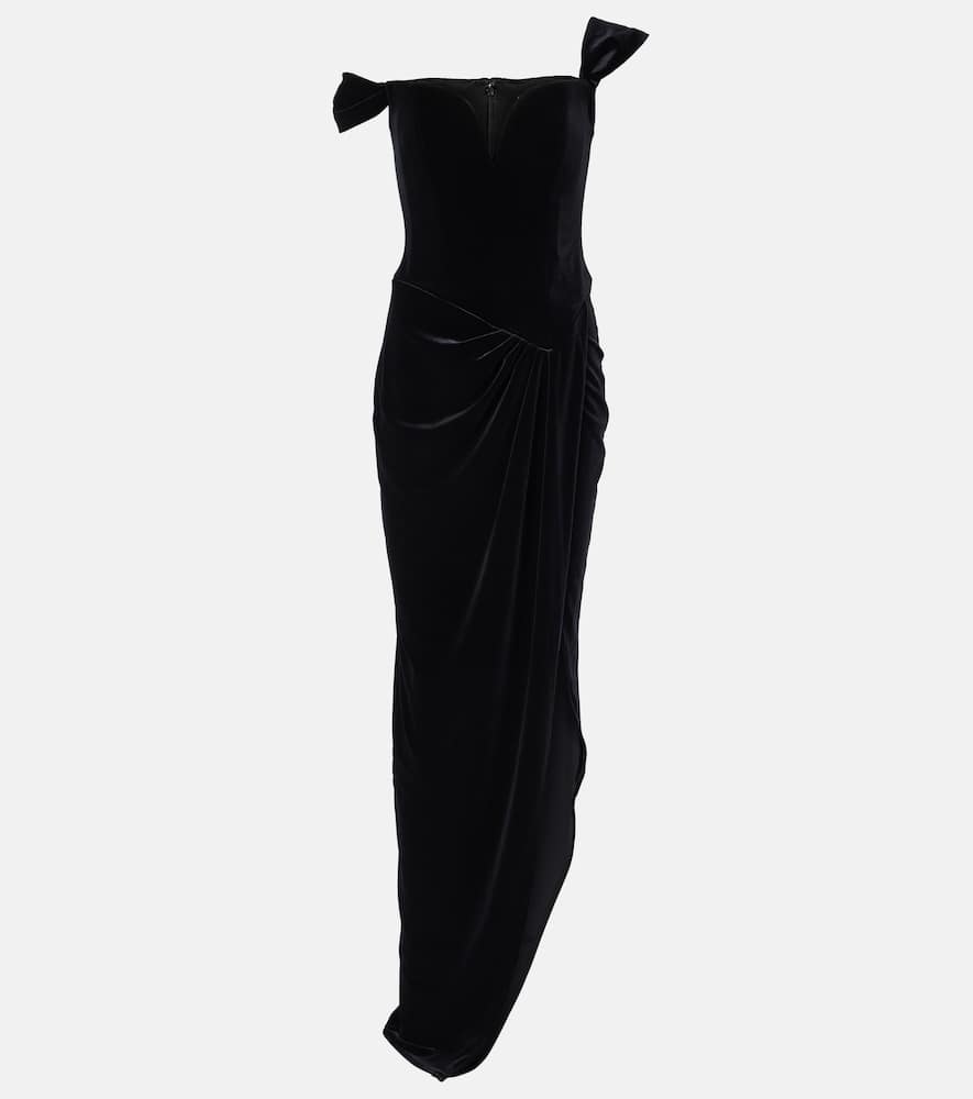 Asymmetric velvet bustier gown