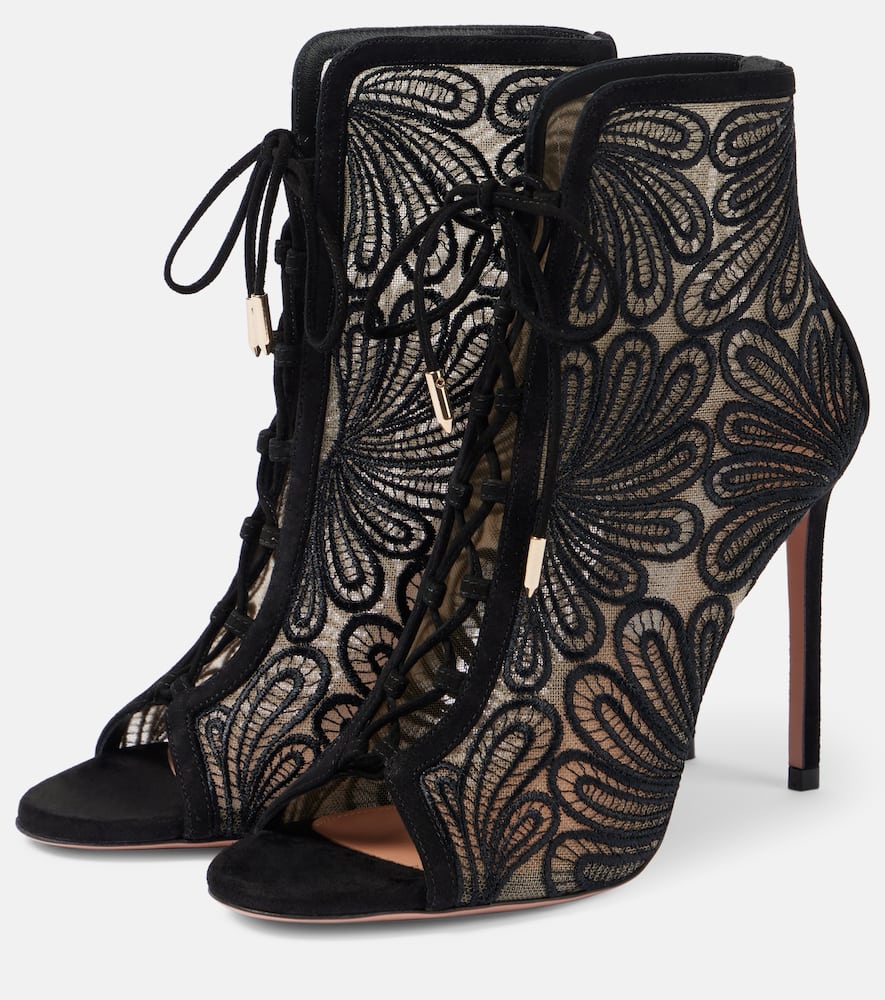 Aquazzura 105 Suede-trimmed Chantilly Lace Ankle Boots In Black