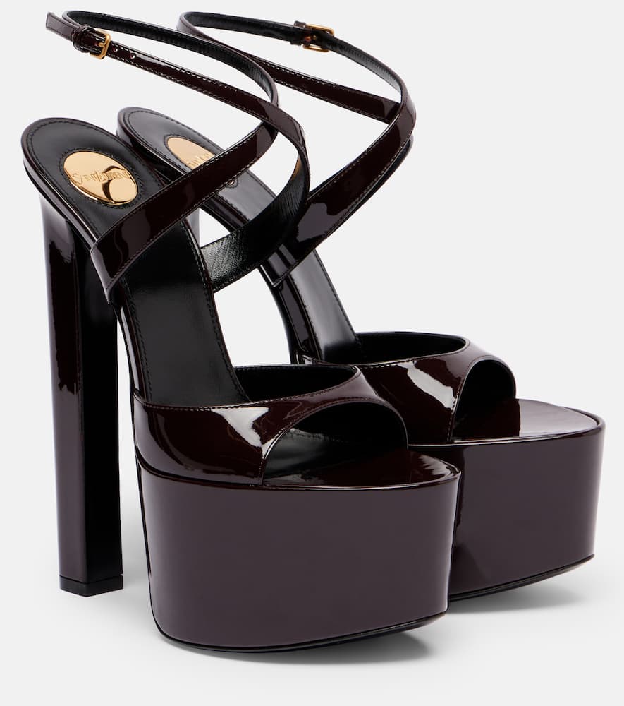 Saint Laurent Rossy 100 Patent Leather Platform Sandals In Brown